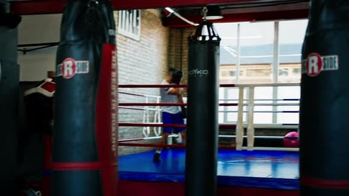 Sparrings-Boxer trainieren Schläge im Boxring Zwei männliche Sportkämpfer trainieren im Fitnessstudio