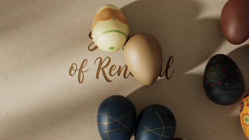 Minimalist pastel easter eggs rolling over "Happy Spring" dark text.