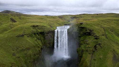 Picturesque Skogafoss Waterfall Landscape during Gorgeous Iceland Summer, Aerial Drone Establishing