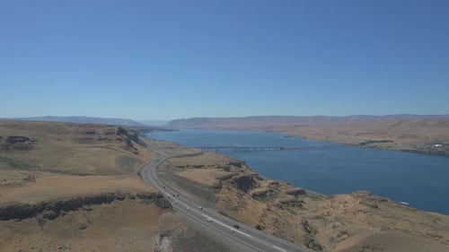 Rising up drone view of Columbia River Gorge, Vantage, Washington