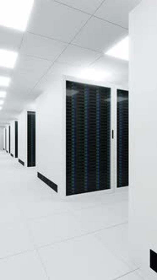Sala de servidores de um data center futurista | Animação vertical 3D