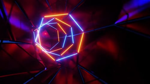 Energetic neon lights form abstract shapes in dark futuristic tunnel