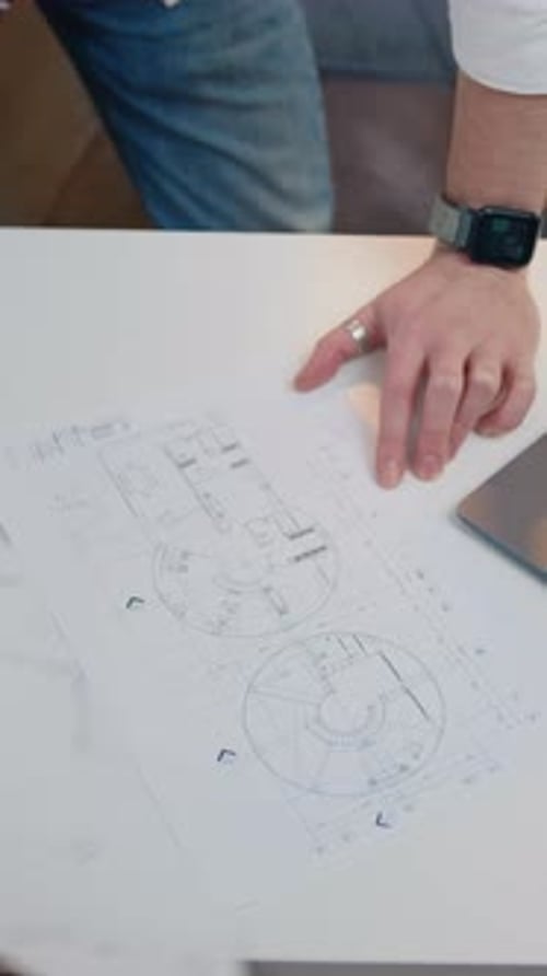Top View Close Up Architect Hands Designer Working Drawing Lies and the Computer Stands with