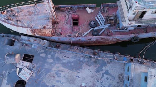 4K-Luftaufnahme verlassener verrosteter Schiffe im Hafen — Verfall und Seegeschichte