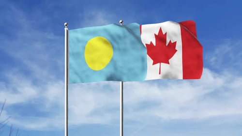 Realistic Waving Flags of Palau and Canada Against Blue Sky