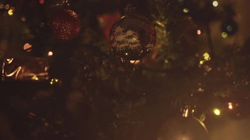 Fancy disco christmas light on a tree hanging closeup