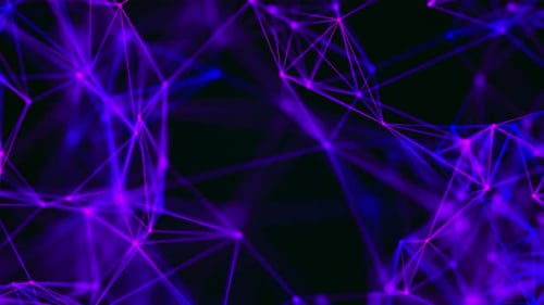 Conexão abstrata em loop de pontos e linhas roxas em um fundo preto. Entrelaçamento fluorescente