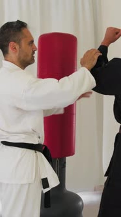 People Practicing Karate Punching a Training Bag