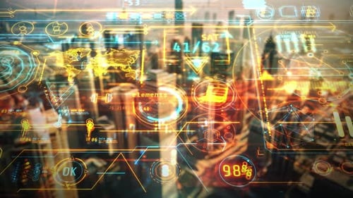 3D Animated City Skyline with Infographic Overlays