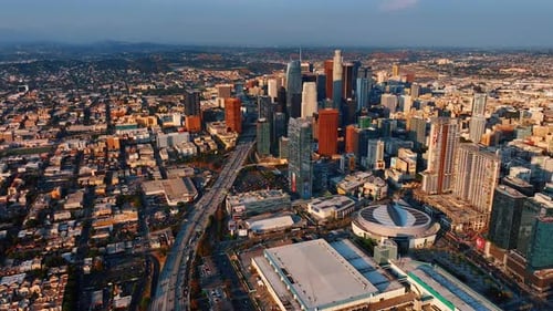 Busy multi-lane highway going around the downtown of Los Angeles, California, USA.