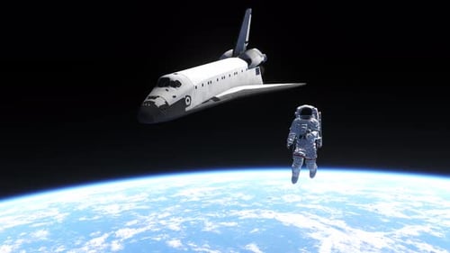 Astronaut and Space Shuttle Floating Above Earth in Space