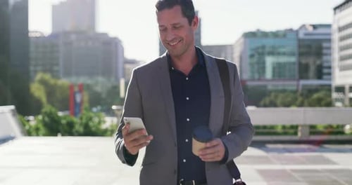 Cellphone, city and professional man walking, laugh or reading funny message