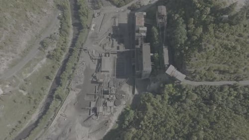Aerial View of Derelict Ore Mining facility in Chiatura, Georgia. Flat image, D-log prores