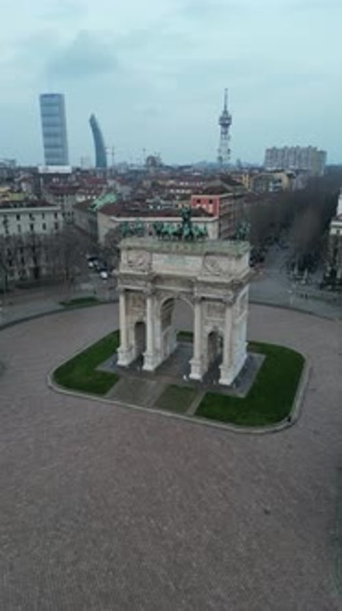Aerial video Arco della Pace "Arch of Peace", in the downtown district of Milan, Italy