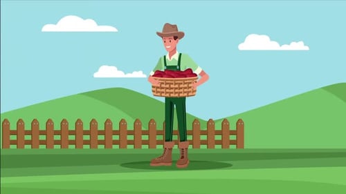 Animated Farmer Character Holding Apple Basket in Field
