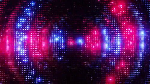 Display digital dinâmico com padrões vibrantes de luz vermelha e azul
