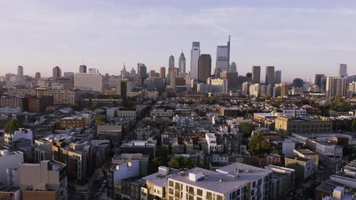 Philadelphia City Skyline Sunset Aerial Tracking Backwards 4K
