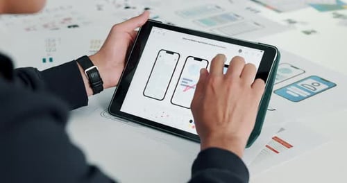 App development, hands and man with tablet, screen, decision and contemplation with ui design