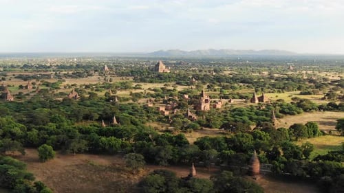 View over Bagan, Myanmar with many Pagodas in background.