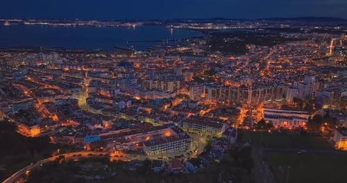 Aerial View of Night Scape of Lisbon Skyline Portugal Night Stunning Landscape