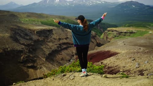 Winner Putting Hands Up Back View Of Female Hiker Standing At Top Of Mount Climb Mountains
