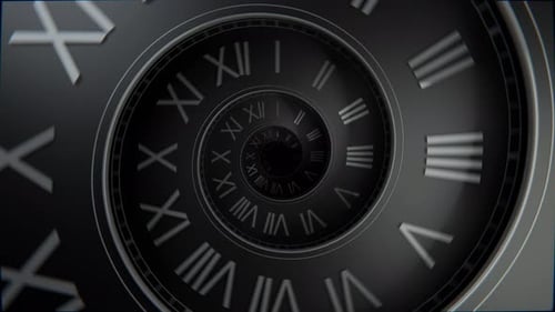 Animation d'horloge à spirale noire à boucle transparente, concept futuriste de l'heure sombre