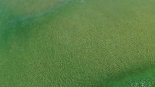 Overhead view of the peaceful greens of shallow water as the gentle swell eventually crashes on the
