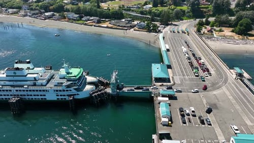 Drone shot of commuting cars loading onto the Clinton ferry in Washington.