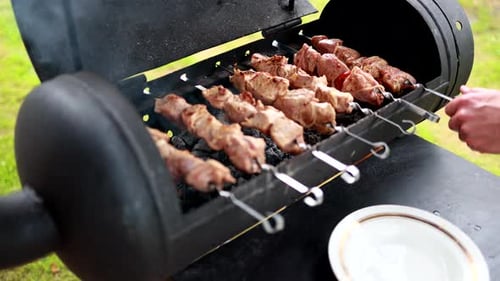 Schaschliks werden auf dem Grill gebraten