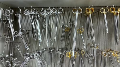 Surgical Instruments Neatly Arranged in Hospital Cabinet