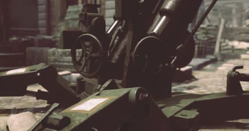L'équipement de construction militaire se prépare à l'action au milieu des ruines urbaines