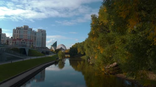 Top View of Beautiful Reflection in City Canal with Park Stock Footage Beautiful River with Green