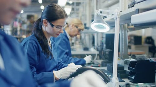 Une travailleuse d'une usine électronique en manteau de travail bleu et lunettes de protection assemble un smartphone