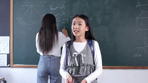 Student Gives Presentation in Front of Chalkboard