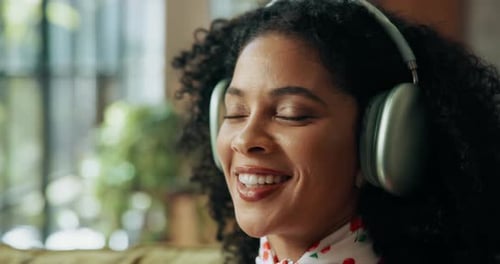 Headphones, music and happy woman dance in home, streaming sound or playlist subscription