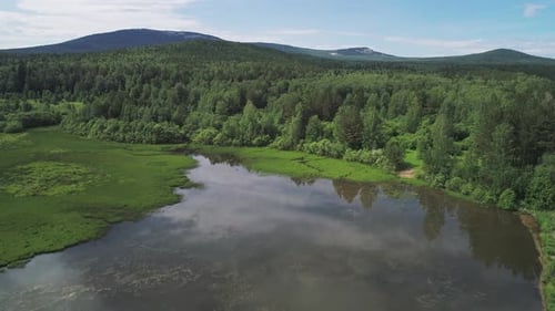 Aerial View of a Summer Forest and the Lake Beautiful Wild Nature Landscape Sky Reflections on the