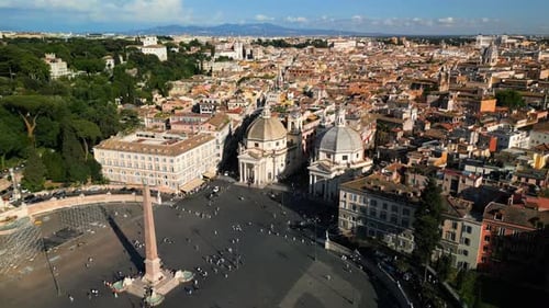 Beautiful Orbiting Drone Shot Above Piazza del Popolo, Flaminio Obelisk. Rome, Italy