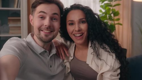 Web Cam View Video Call Chat Virtual Conference Smiling Happy Love Couple Family Influencers