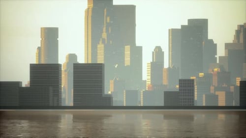 Vista panorámica mística de Business Bay con un amanecer morado