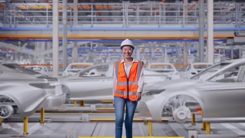 Vue de face d'une ingénieure asiatique marchant dans une usine automobile
