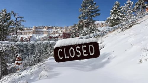 Stunning Snowy Landscape with Closed Sign Bryce Canyon National Park in Winter Utah USA