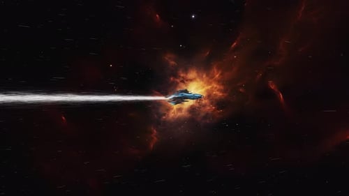 Futuristic Spaceship Traveling Through Nebula with Warp Speed Effect