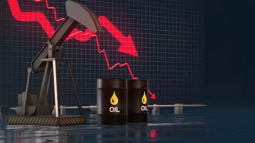 Oil Price Falling Chart With Pumpjack Oil Industry 3D Loop Animation 4K