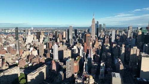 A high angle, aerial shot of Manhattan on the east side. Shot from over the East River on a sunny da