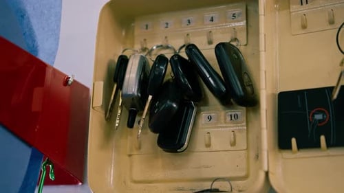 A male auto mechanic takes a car key to repair or wash a car that hangs on the wall of a car service