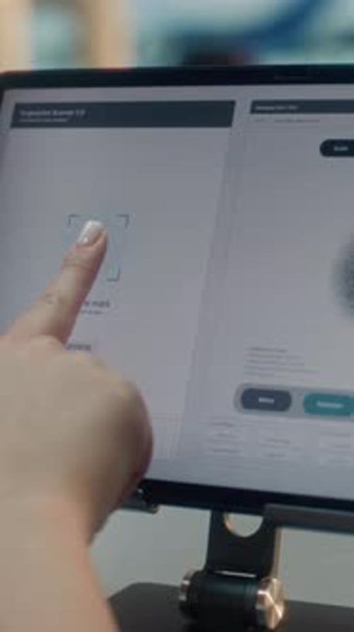 Checkin Counter Close Up of Woman Putting Finger on Touch Screen for Fingerprint Scanning