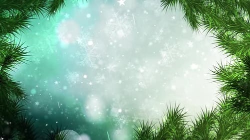 Christmas Pine Branches Frame with Falling Snowflakes and Stars