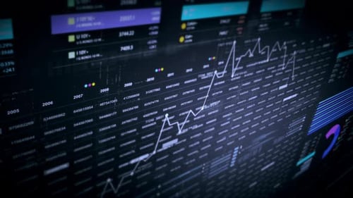 Futuristic Digital Data Interface with Animated Graphs and Statistics