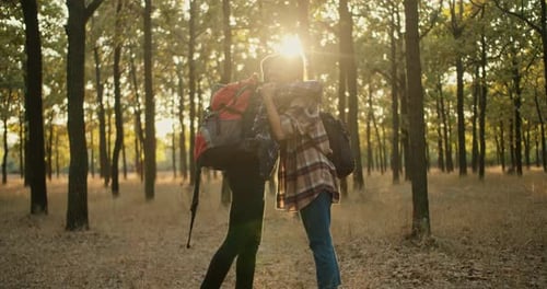 Two Friends Meet and Hug in a Forest