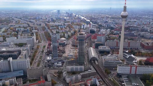 High Angle Establishing Shot of Alexanderplatz in Former East Berlin with Iconic Fernsehturm TV